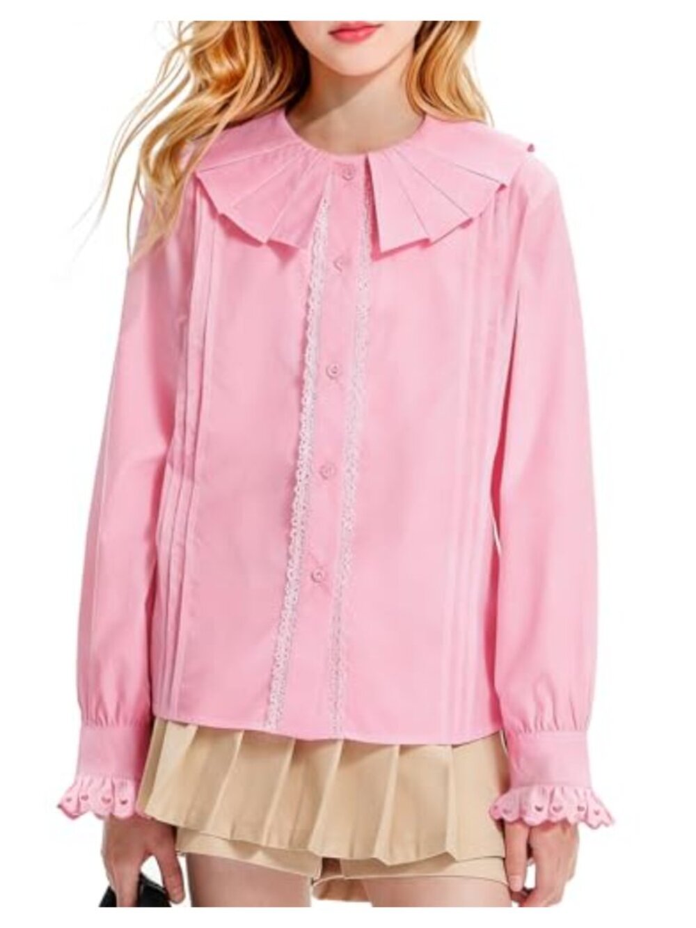 Girls Peter Pan Collar Button Down Blouse Long Sleeve Lyocott Cotton Blend